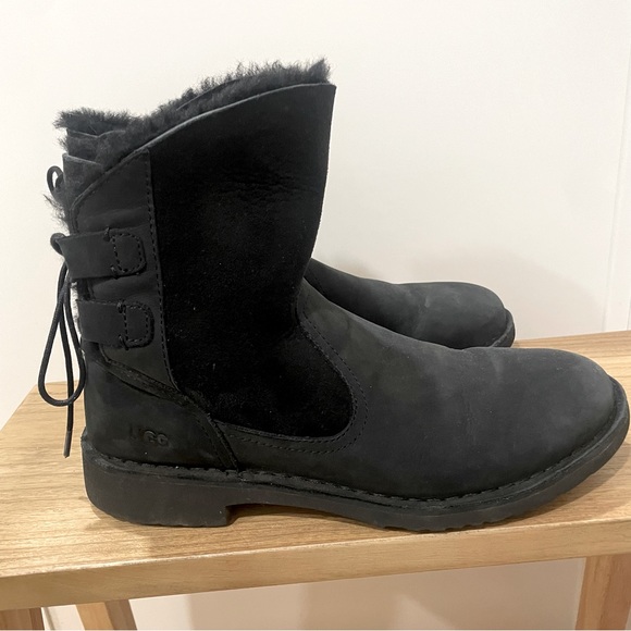 Ugg Naiyah Suede Leather Shearling Tie Back Black Women's Boots Size 9 - Picture 3 of 12